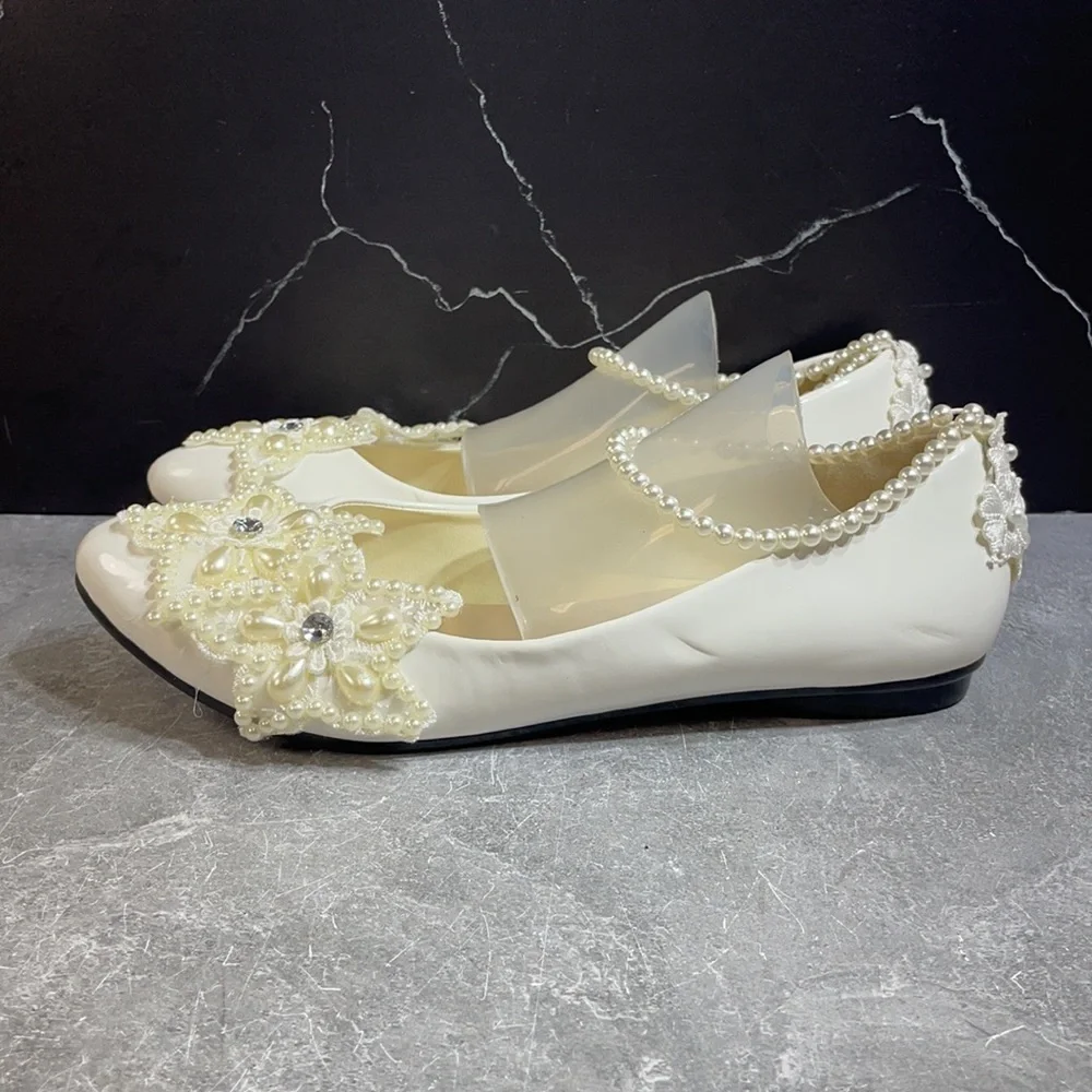 Getmorebeauty Pearl Bows Bridal Flats White Size 9.5m - Picture 3 of 8